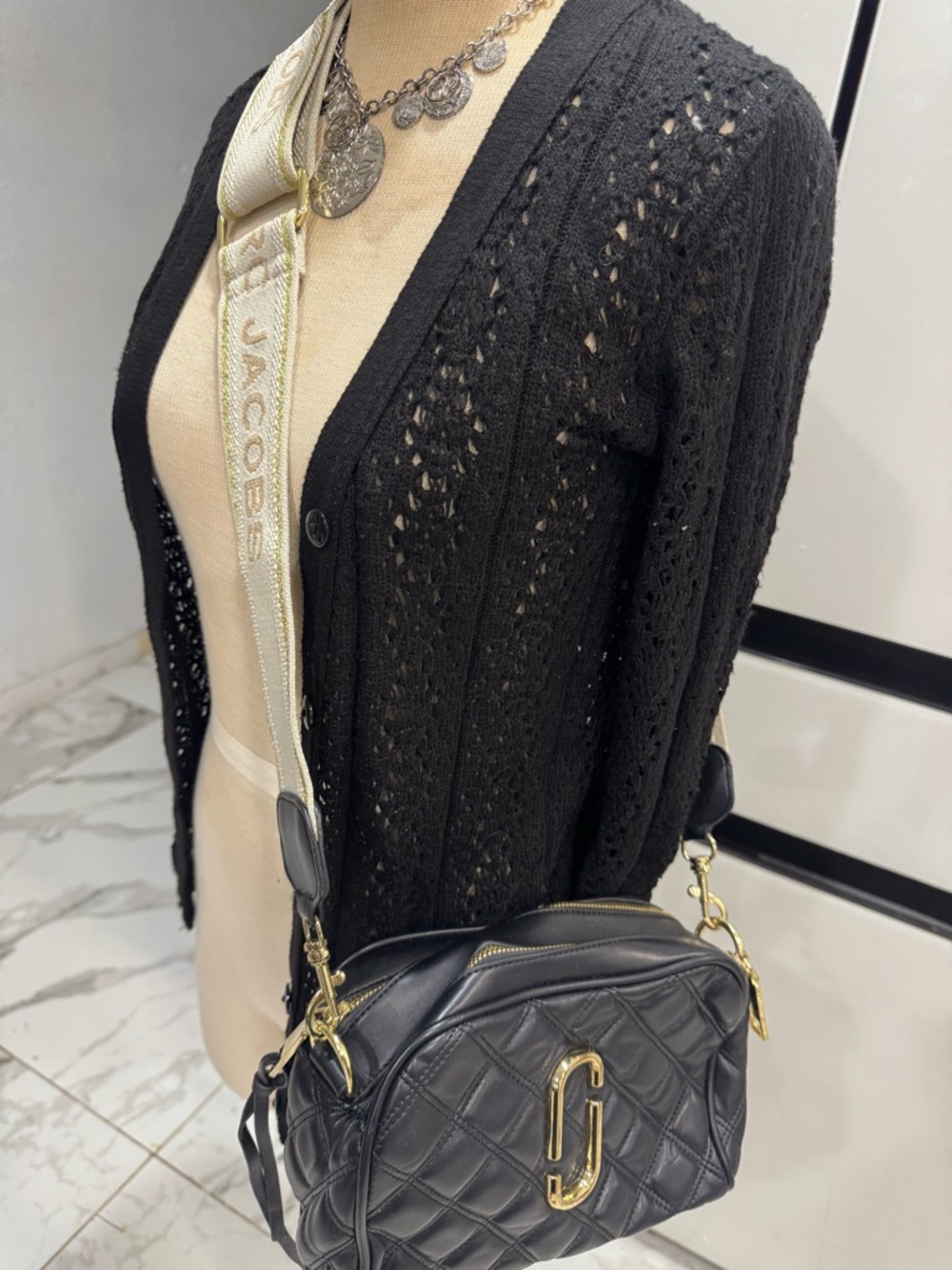 Black Quilted Snapshot Camera Bag with Logo Strap